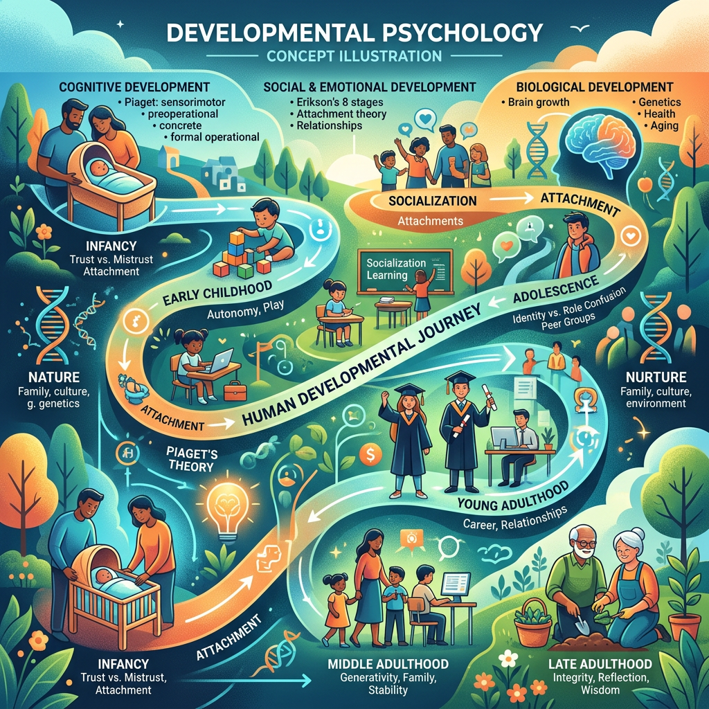 Illustration showing human development stages from infancy to late adulthood with key psychological and biological concepts
