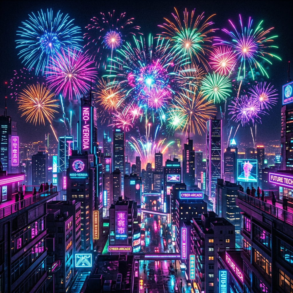 Cyberpunk cityscape at night with neon signs and fireworks
